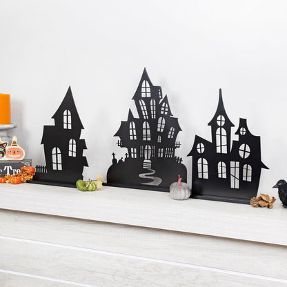 AuldHome Design Spooky Halloween House Village Silhouettes (Set of 3); Scary Haunted House Wood Statue Figurines Centerpiece Set