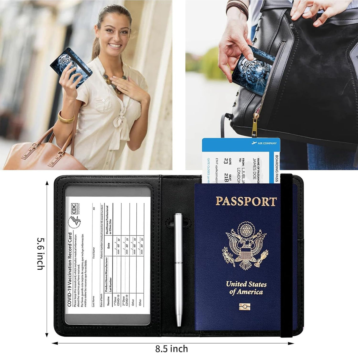 Passport and Vaccine Card Holder Cover Combo,Travel Passport Holder Wallet with RFID Blocking, Leather Vaccine Card Slot Passport Cover Case for Women & Men,White Tiger with Blue eyes