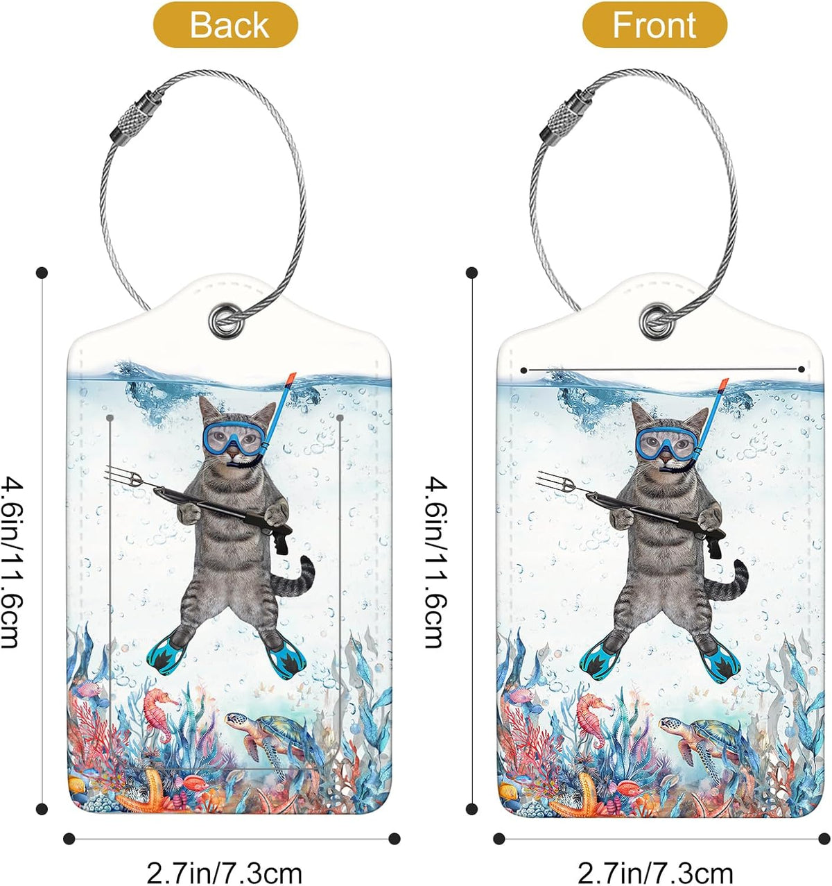 2Pack Luggage Tags for Suitcases, Cute Unique Pu Leather Cruise Luggage Tag with Privacy Cover ID Label Address Card and Metal Ring Suitable for Women Men Kids Travel Bag The Diving Cat