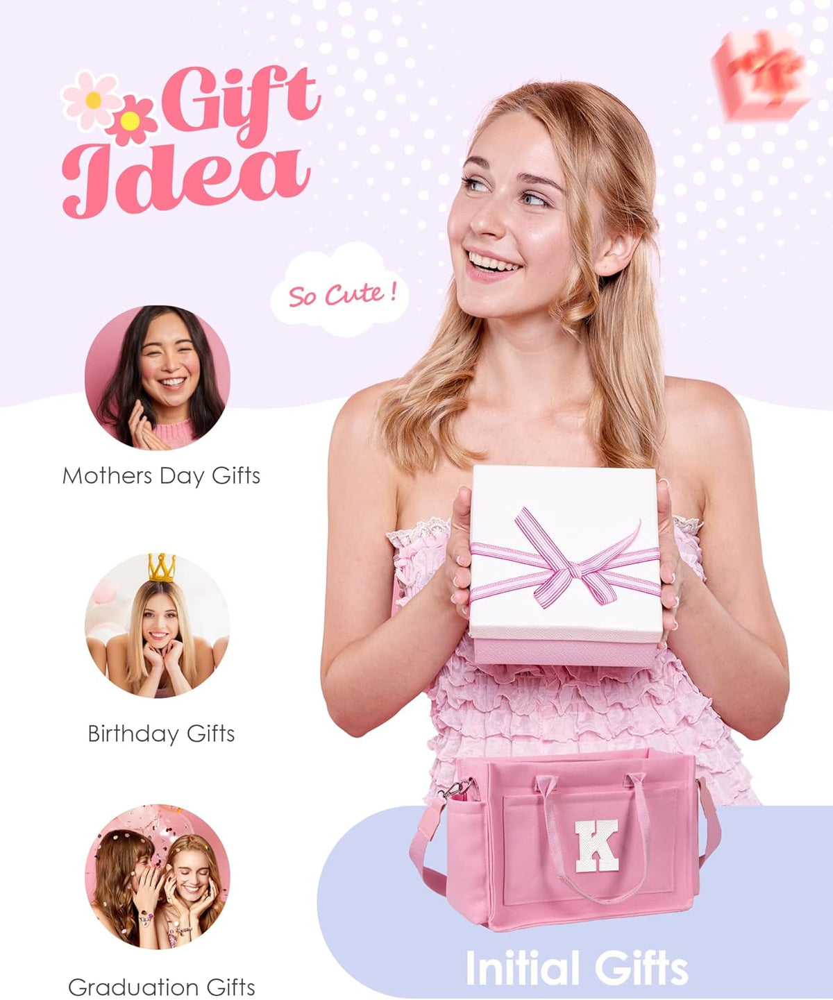 Gifts for Women Teen Girls, Initial Tote Bag with Zipper, Letter Canvas Tote Purse for College Work Laptop Beach