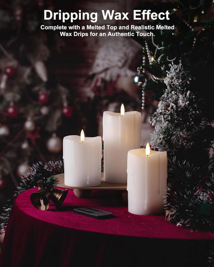 White Flameless Candles with Remote and Timer, Real Wax Made Wax Drip LED Pillar Candles Battery Operated with 3D Flickering Flame Melted Top - 3" x 4", 3" x 5", 3" x 6" - Set of 3