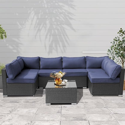 14Piece Outdoor Sofa Cushion Replacement, Patio Furniture Waterproof Cushion with Zippers, fit 6-Seat Outdoor Wicker Rattan Sectional Couch (Dark Blue, 24.8"x24.8"x3.15")