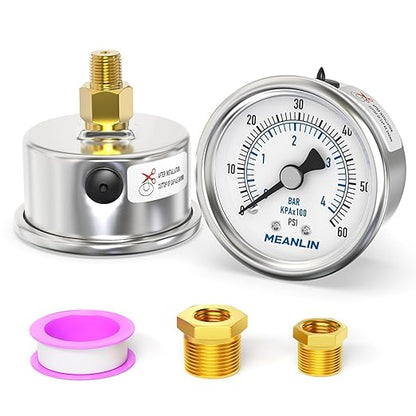 MEANLIN MEASURE 0~60Psi Dry Pressure Gauge Stainless Steel 1/8" NPT 2" FACE DIAL Waterproof for Pool Filter Pump Oil Air Compressor Tire Pressure Tester Back Mount with 1/4"NPT and 3/8"NPT Hex Bushing