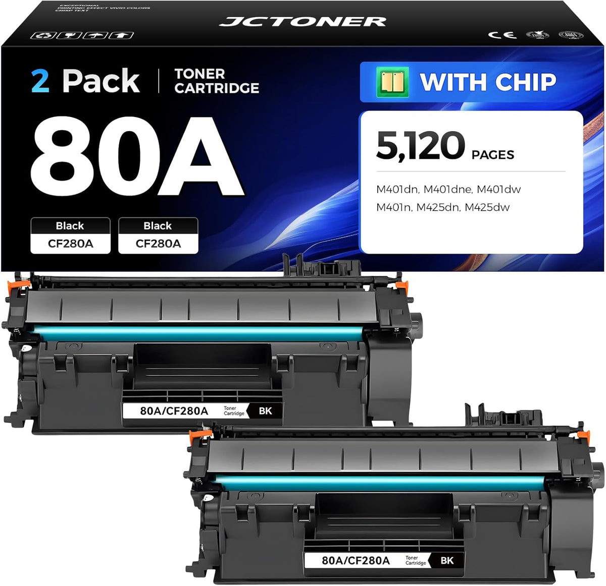 80A Black Toner Cartridge 2-Pack with chip High Yield Replacement for HP 80A CF280A Compatible with HP Laserjet Pro 400 MFP M425dn M425dw M401dn M401dw M401n M401dne Printer M425 M401 Series Ink Copy