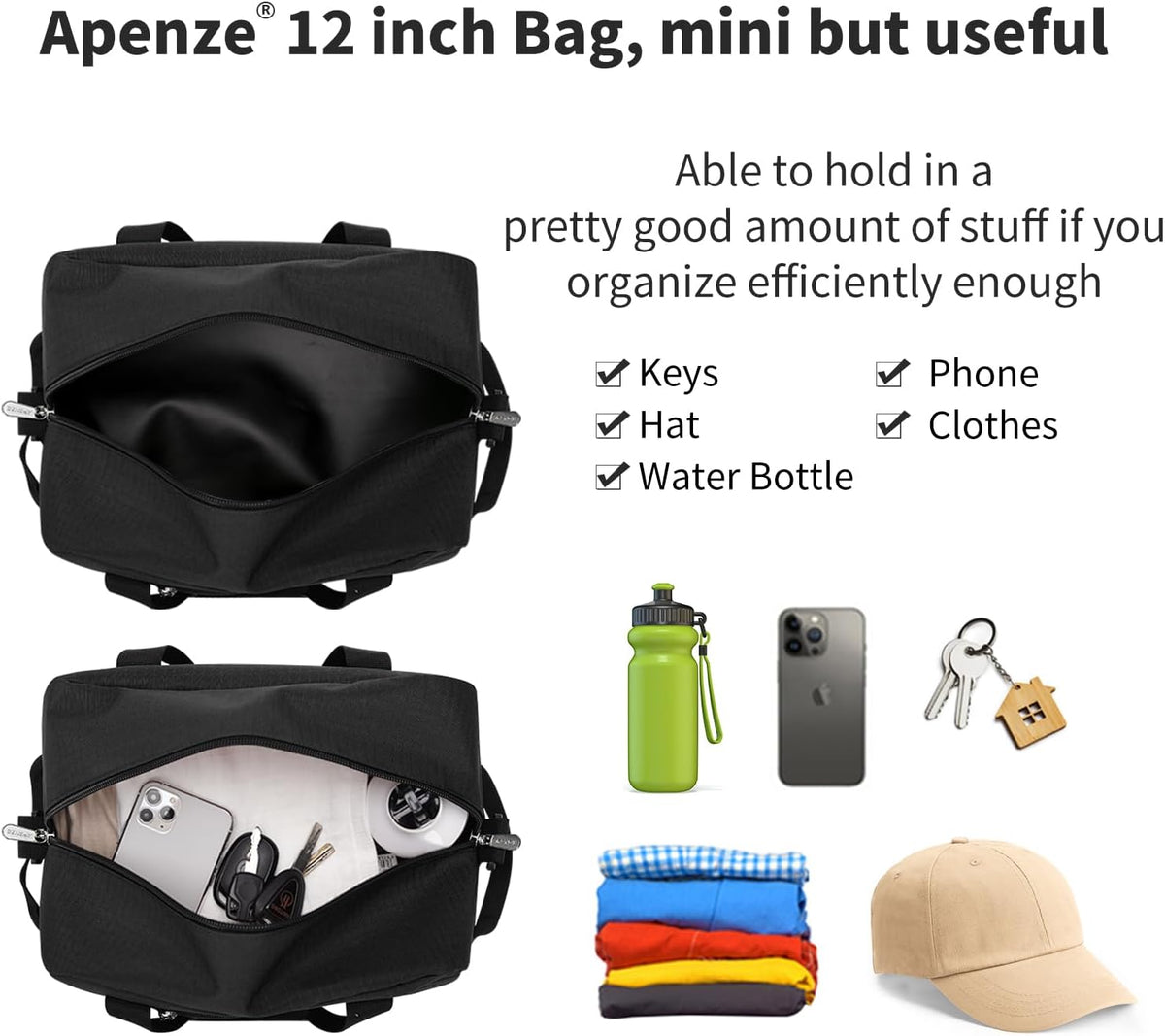 Small Gym Bag Carry On Bag - 12 in Mini Duffle Bag Lightweight for Overnight Travel（Black）