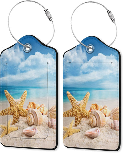2 Pack Leather Luggage Tag for Suitcase Beach Starfish Seashell Seaside Unique Travel Tags with Privacy Cover ID Label & Stainless Steel Loop for Men and Women Baggage