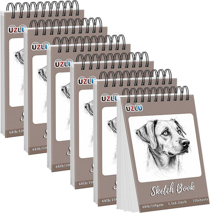 6 Pcs Sketch Book Bulk 5.5 x 8.5 In,600 Sheets Total Drawing Paper Pad Top Spiral Bound Sketch Pad Mixed Media Sketchbook 68lb/100gsm Thick Paper Acid Free Art Supplies for Kid Adult Painting Beginner Artist