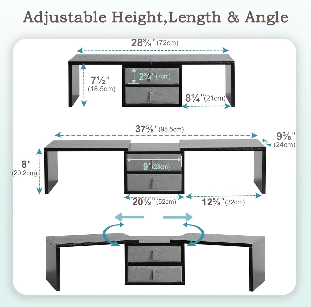 TEAMIX Dual Monitor Stand Riser with 2 Drawers-Length and Angle Adjustable 3 shelf Monitor Riser with Storage Desk Organizer Large Computer Monitor Stand for 2 Monitors/Laptop/PC,Wood Screen/TV Stand