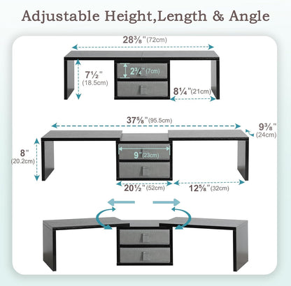 TEAMIX Dual Monitor Stand Riser with 2 Drawers-Length and Angle Adjustable 3 shelf Monitor Riser with Storage Desk Organizer Large Computer Monitor Stand for 2 Monitors/Laptop/PC,Wood Screen/TV Stand