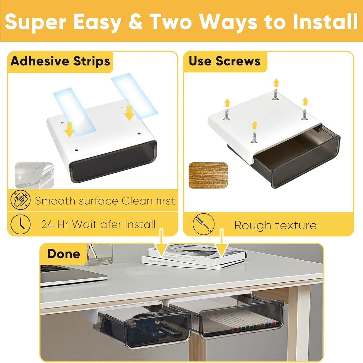 2 Pack Under Desk Drawer Slide Pull Out Plastic Organizer, Attachable Clear Black Acrylic Self Adhesive Mount Hidden Storage for Office & Home, Kitchen, Cabinet, Table, Counter, Space Saving