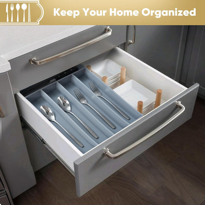 Silverware Organizer, 10 Inch Utensil Organizer Kitchen Drawer Organizer Bamboo Silverware Holder Cutlery Tray Organizer in Drawer Flatware Organizer Tray(5 slots, Gray）
