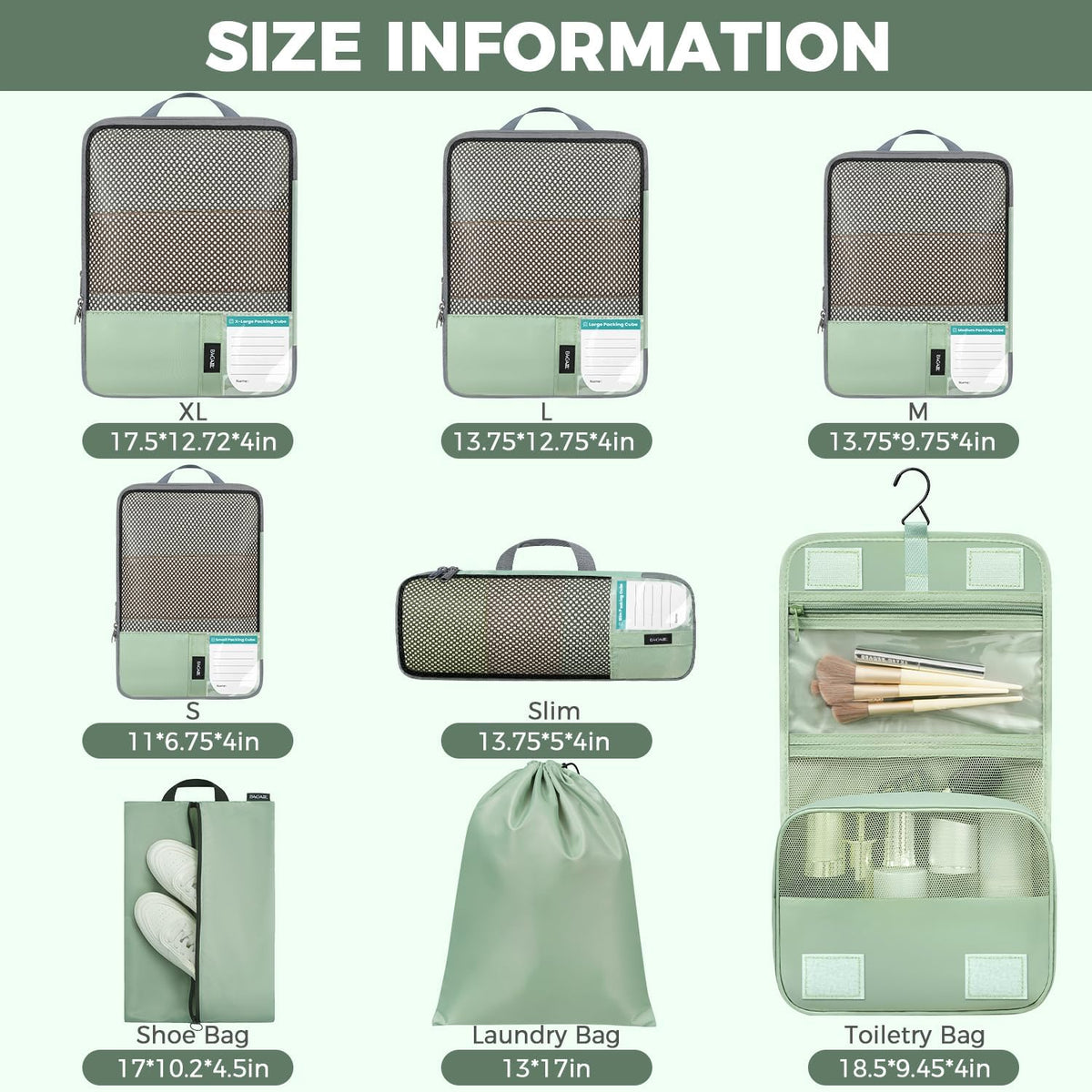 BAGAIL 4 Set/6 Set/8 Set Compression Packing Cubes Travel Accessories Expandable Packing Organizers(HalfMesh, 8-MatchaGreen)