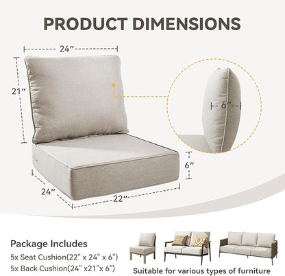 Outdoor Cushion Set for Furniture Patio Furniture, UV Resistant, Water Resistant - 6 Inch Thick Foam Garden Cushions– 22x24 Inch Patio Seat Covers for Chair/Sofa/Couch | Beige | 5-Pack |
