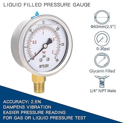 0-30 Psi Glycerin Liquid Filled Low Pressure Gauge, 2.5" Dial Size, 1/4" NPT Lower Mount, 304 Stainless Steel Case, for Water Pipe, HVAC, Water Oil Air Pressure Test