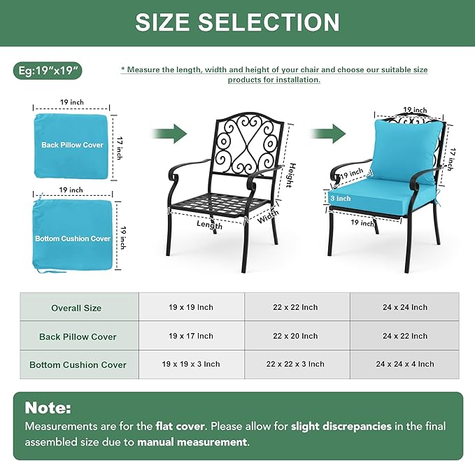 Outdoor Backrest and Deep Seat Cushion Set, Waterproof Fade Resistant Patio Chair Furniture Cushion with Removable Cover, 22 x 22 Inch, Teal, Set of 4