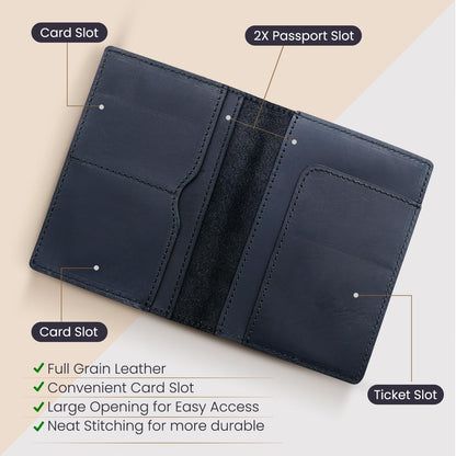Leather Passport Holder with Travel Wallet, Genuine Leather Passport Cover- Passport Wallet, Leather Folding Wallet for Passports (Straight Cut, Black)