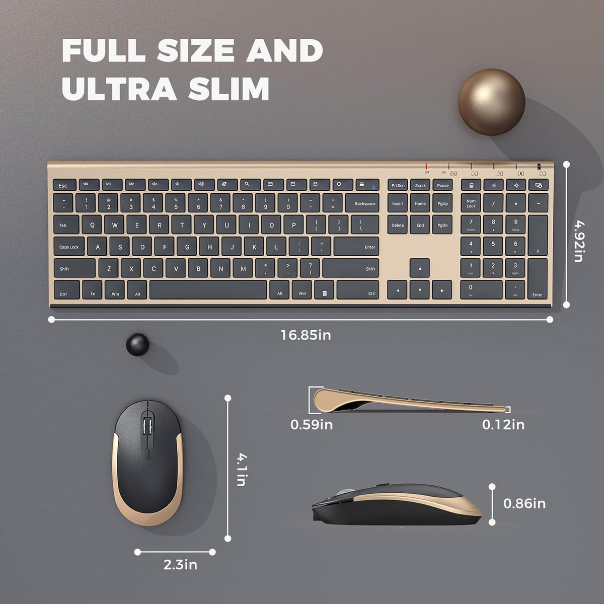 Wireless Keyboard and Mouse, Vssoplor 2.4GHz Rechargeable Compact Quiet Full-Size Keyboard and Mouse Combo with Nano USB Receiver for Windows, Laptop, PC, Notebook-Black Gold