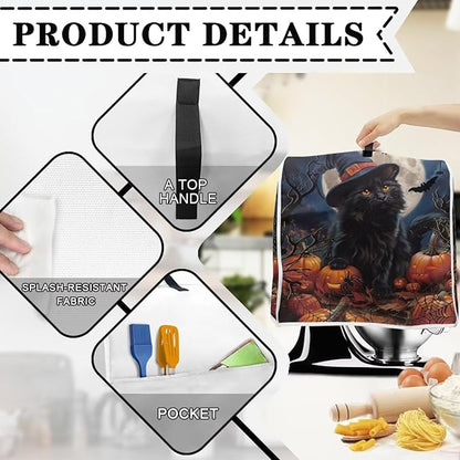 Black Cat Stand Mixer Cover 4.5-5 Quart Pumpkin Bat Kitchen Appliance Covers Dust Protection Universal for Pressure Cooker Air Fryer Halloween Kitchen Home Decorations