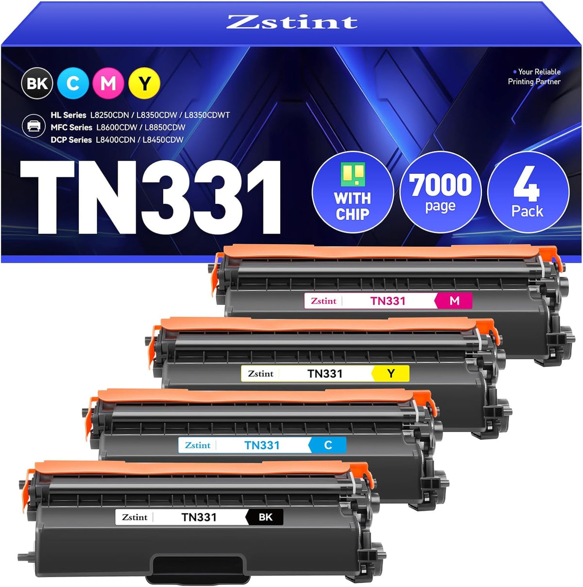 TN331 Toner Cartridge Set 4-Pack Black Cyan Yellow Magent Replacement for Brothe TN-331 Work with Brother HL-L8350CDW HL-4150CDN MFC-L8850CDW DCP-L8400CDN L8450CDW L8250CDN L8350CDWT L8600CDW Printer