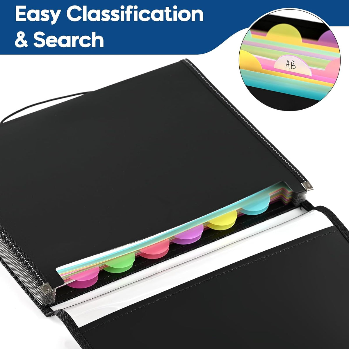 12-Pocket-Expanding File-Folder,Accordion-File-Organizer, A4/US Letter Size Paper Receipt Organizer Accordian Filing Folders (Black-C-12 Pockets)