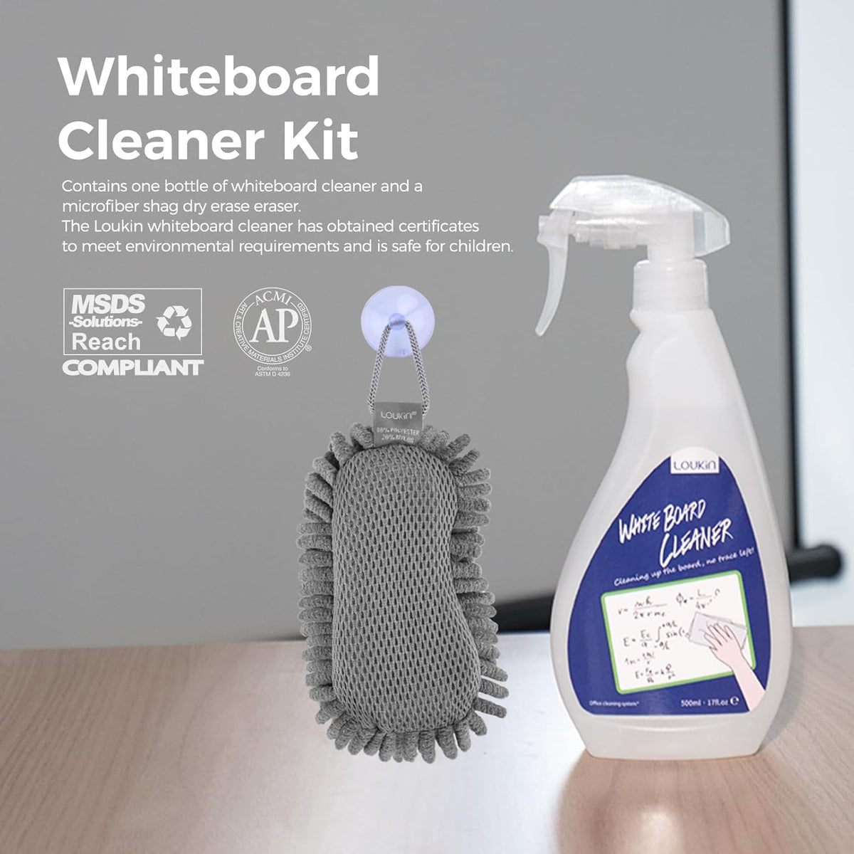 loukin Non-Toxic Whiteboard Cleaner, 17 fl oz Dry Erase Board Cleaner, Low-Odor Whiteboard Cleaning Spray with Microfiber Shag Eraser, Removes Stubborn Marks from Whiteboards, Chalkboard
