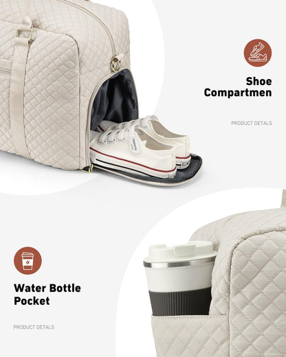 Travel Duffle Bag, Weekender Bags for Women with Shoe Compartment, Carry on Overnight Bag with Toiletry Bag & Wet Pocket, Hospital Bags for Labor and Delivery (Beige)