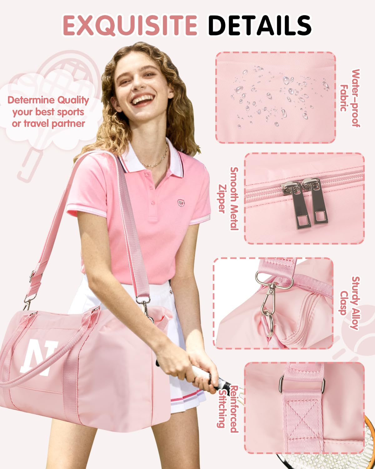 Initial Travel Duffel Bag Sports Gym Bag for Girls Teen Birthday Gifts,Pink Personalized Weekender Bag Carry On Tote Bags for Women Men,Waterproof Overnight Luggage Bag with Trolley Sleeve(Letter N)