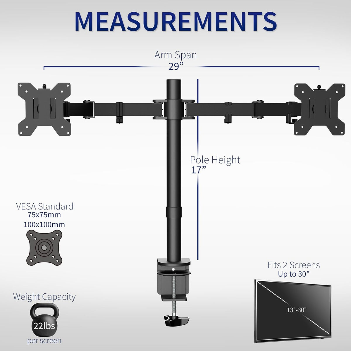 VIVO Dual Monitor Desk Mount, Holds 2 Computer Screens up to 30 inches and 22lbs Each, Heavy Duty Fully Adjustable Steel Stand with C-Clamp and Grommet, Black, STAND-V002