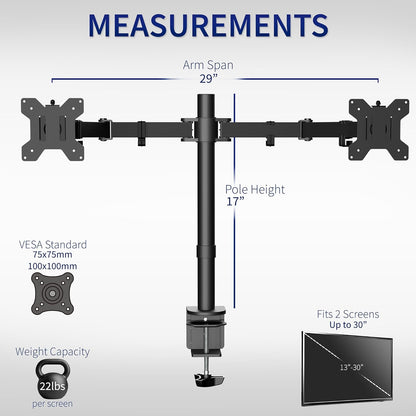 VIVO Dual Monitor Desk Mount, Holds 2 Computer Screens up to 30 inches and 22lbs Each, Heavy Duty Fully Adjustable Steel Stand with C-Clamp and Grommet, Black, STAND-V002