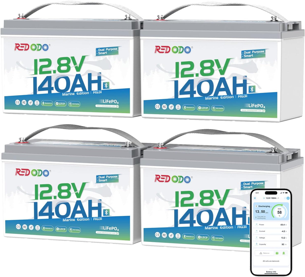Redodo 12V 140Ah Dual Purpose Lithium Marine Battery, 1000CCA Group 31 Bluetooth Starting Battery with Self Heating, 4 Pack