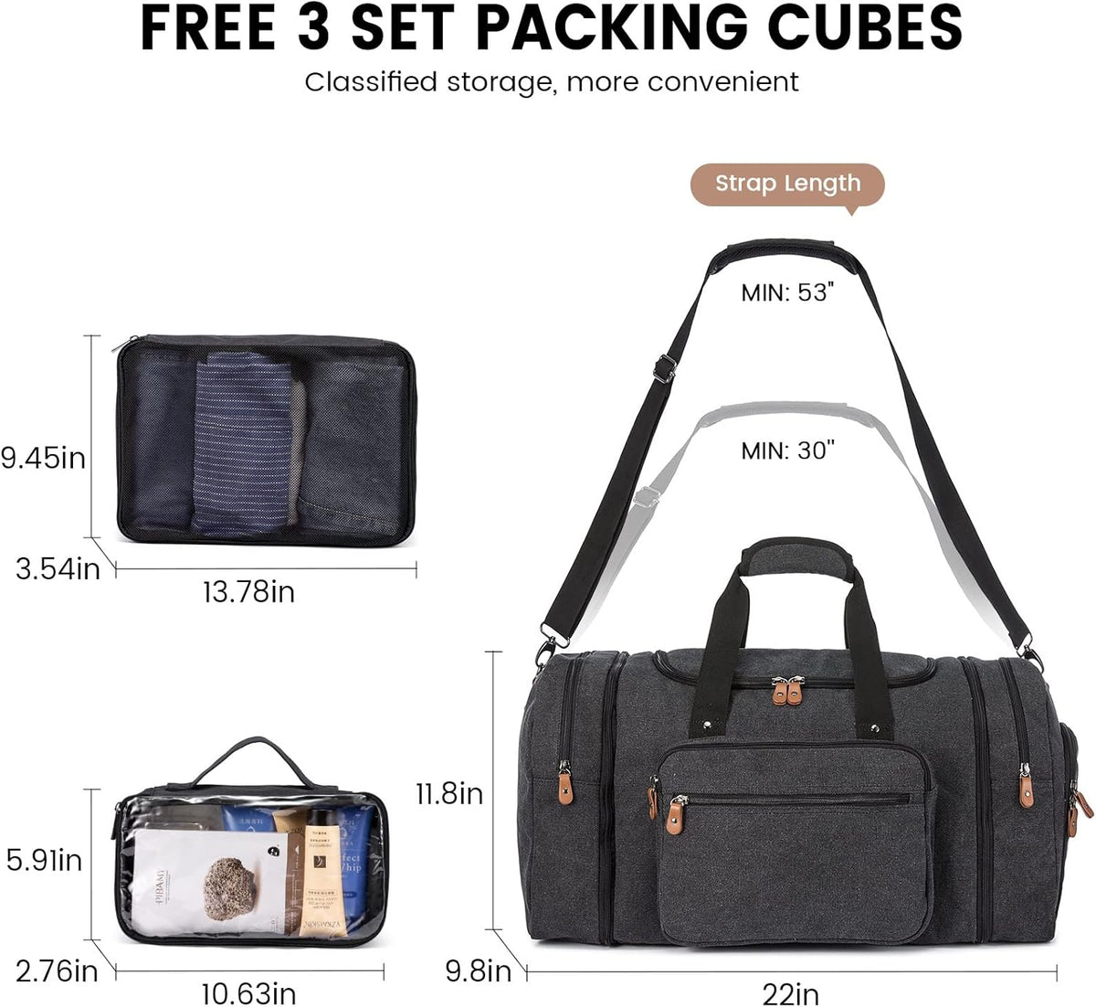 Sucipi Canvas Travel Duffel Bag for Men, Weekend Overnight Bag with Shoe Compartment and Toiletry Bag, Carry-On for Airplanes, Dark Grey