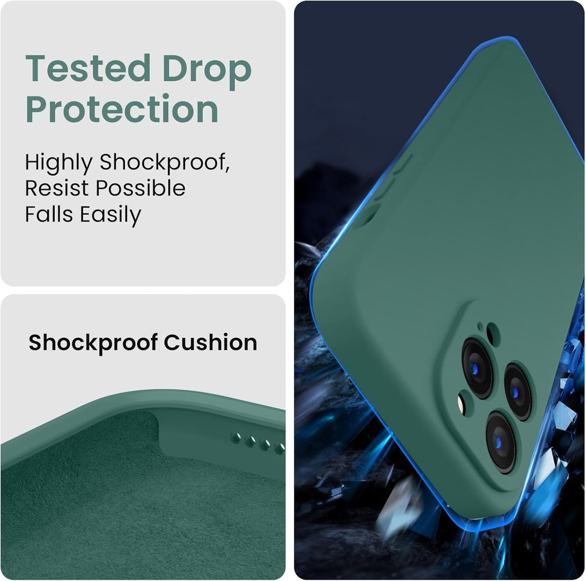 FireNova Designed for iPhone 13 Pro Max Case, Silicone [Camera Protection] Phone Case with [2 Screen Protectors], Soft Anti-Scratch Microfiber Lining Inside, 6.7 inch, Midnight Green