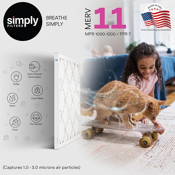 Simply 10x10x1 Air Filter, MERV 11, 4 Pack, For Home AC Furnace & HVAC (Actual Size: 9.75"x9.75"x0.75") DUST, Pet, & Allergy Control