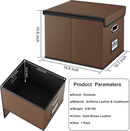Huolewa Faux Leather File Organizer Box with Lid, Collapsible Hanging File Folder Box Organizer with Plastic Slides, Decorative Home/Office Filing Boxes for File and Folder Storage - Dark Brown