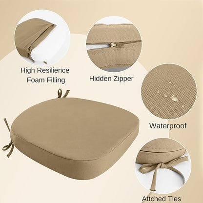 idee-home Outdoor Chair Cushions Set of 4, 19" x 19" x 3" Thick D-Shaped Patio Furniture Outdoor Seat Cushions Waterproof with Ties, Dining Pads