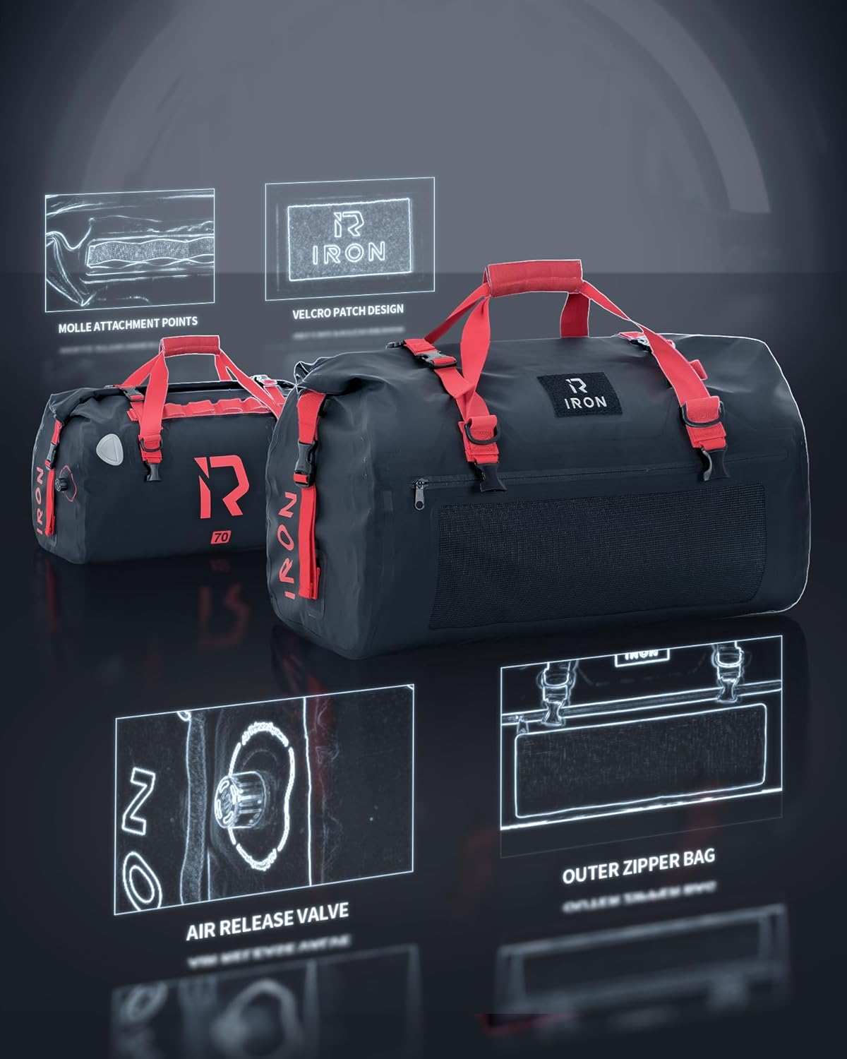 BORLENI Waterproof Motorcycle Dry Duffel Bag Luggage Tail Bag with Large Storage Space,Roll Top Closure, Shoulder Straps, Inner Pocket and Mesh Pocket for Motorcycling Travel Camping (Black,70L)