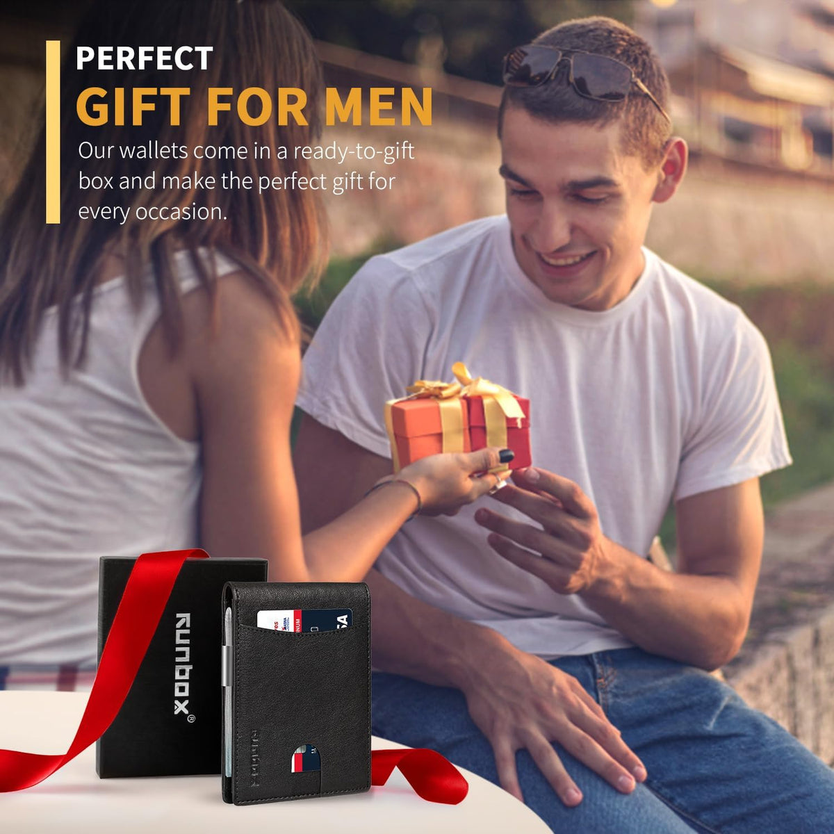 RUNBOX Money Clip Slim Wallets for Men RFID Blocking 11 Card Holder Minimalist Small Leather Bifold Men's Front Pocket Wallet Gift Box