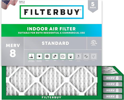 Filterbuy 16x16x1 Air Filter MERV 8 Essential Dust & Allergy Defense (5-Pack), Electrostatic Pleated HVAC AC Furnace Filters Replacement, Made in USA (Actual Size: 15.75 x 15.75 x 0.75)