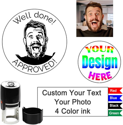 Custom Face Photo Stamp Self Inking Personalized Portrait Text Stamper Customized Name Logo Round Rubber Stamp for Office Return Address Stamper Funny Gifts for Pets Teacher Family Face