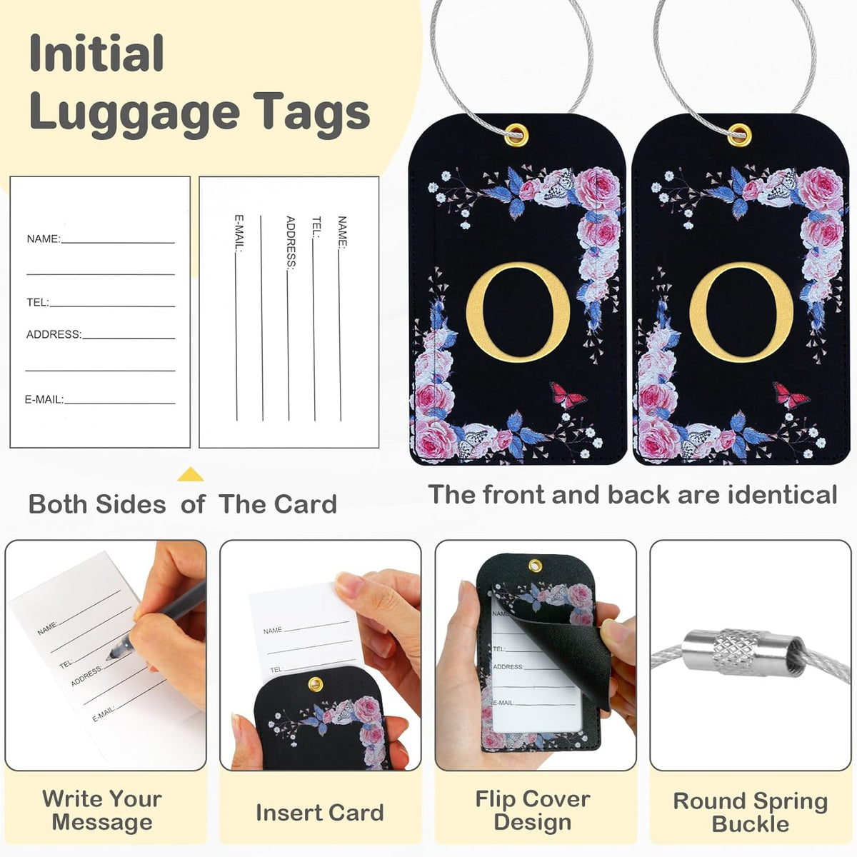 3 Pack Luxury Floral Luggage Tags, Durable PU Leather Suitcase Tags with Stainless Steel Cable Strap, Hidden ID Slot for Privacy Protection, Easy to Identify Waterproof Travel Accessories Gift (O)