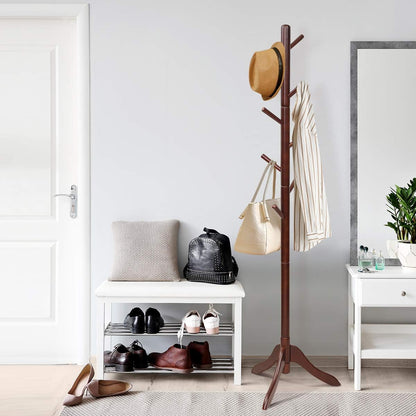 Tangkula Wooden Tree Coat Rack Freestanding, Entryway Coat Stand with 8 Hooks, Height Adjustable Coat Tree, Rubber Wood Coat Hanger Stand for Home Office Hall Entryway