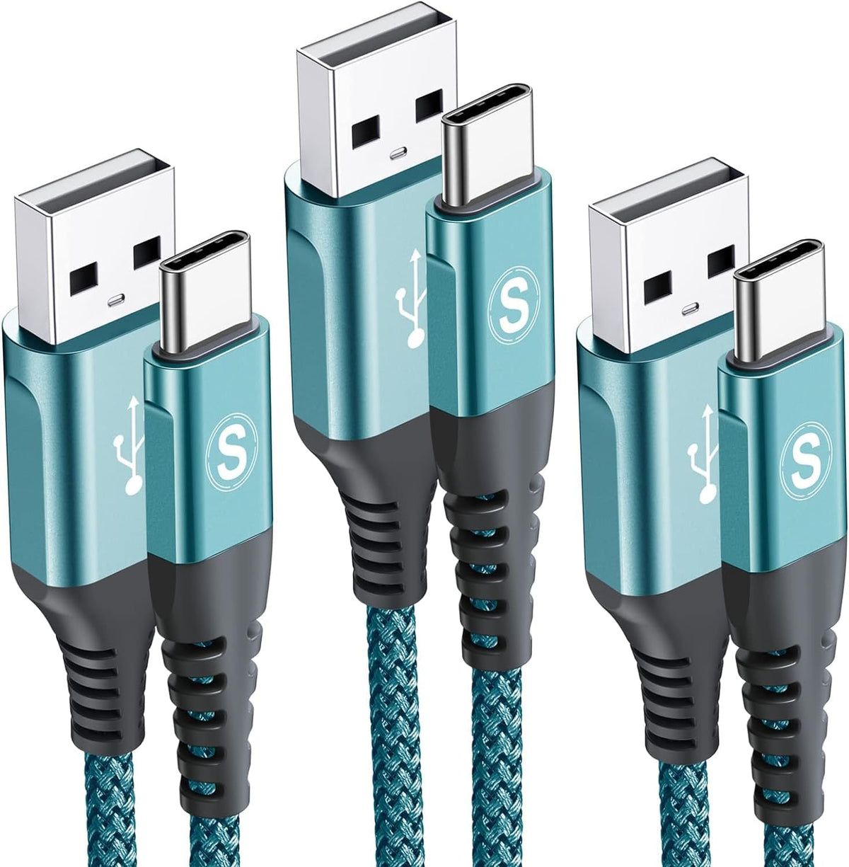 USB C Cable 3.1A Fast Charging [3Pack,10ft+6.6ft+3.3ft], sweguard USB-A to USB-C Charger Nylon Braided Cord for Samsung Galaxy S21 S20 S10 S9 S8 Plus/FE Note 20 10 9 8 7, A71 A51 A32,LG,Moto,PS5-Green