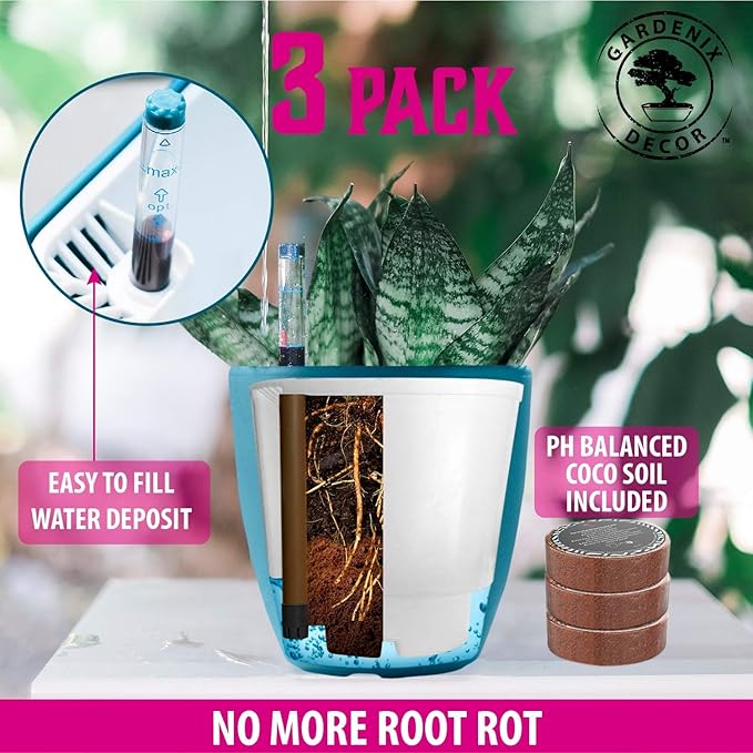 GARDENIX DECOR Self Watering Pots for Indoor Plants 3 Pack - Flower Pot with Water Level Indicator for Plants, Grow Tracking Tool - Self Watering Planter Plant Pot - Coco Coir - Teal