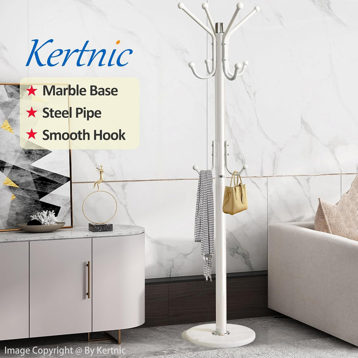 Kertnic Modern Coat Rack Freestanding with Natural Marble Base & Sturdy Metal Frame, 11 Hooks Hall Tree for Jackets, Hats, Bags, Entryway Organizer for Bedroom, Living Room, Closet (11 hooks-White)