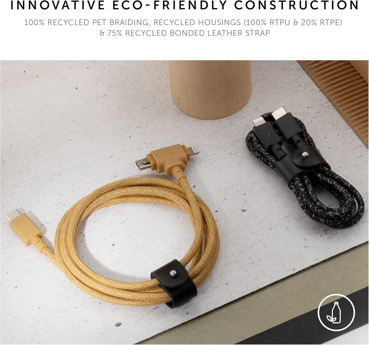 Native Union Belt Cable Duo – 5ft Ultra-Strong Braided Universal Charging Cable – Made with Recycled Materials – 2-in-1 Multi-Device MFi Certified Connectors for Lightning & Type-C Devices (Kraft)