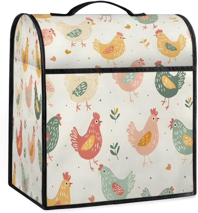 Kitchen Appliance Cover - Stand Mixer & Coffee Maker Dust Cover - Cute Hen Design - Fits 6-8 Quart Mixers - Polyester Fabric with Pockets