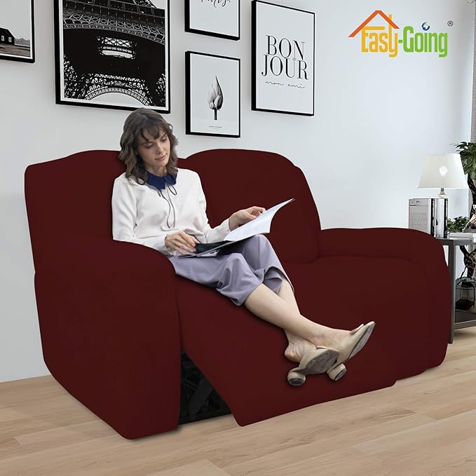 Easy-Going 6 Pieces Recliner Loveseat Stretch Sofa Slipcover Sofa Cover Furniture Protector Couch Soft with Elastic Bottom Kids, Spandex Jacquard Fabric Small Checks Wine