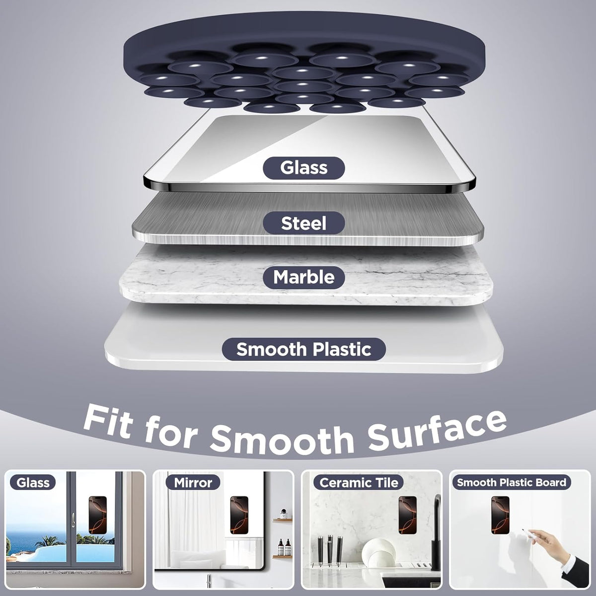 Magnetic Suction Cup Phone Mount for MagSafe Case, Silicone Hands-Free Grip Holder for iPhone and Android, Mirror Shower Phone Stand for Makeup FaceTime Gym Kitchen Bathroom, Midnight Blue