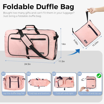 Fmeida 65L Duffle Bag with Shoes Compartment, Foldable Travel Duffel Bags for Men Women, Large Packable Travel Bag Water Repellent & Tear Resistant (Light Pink)