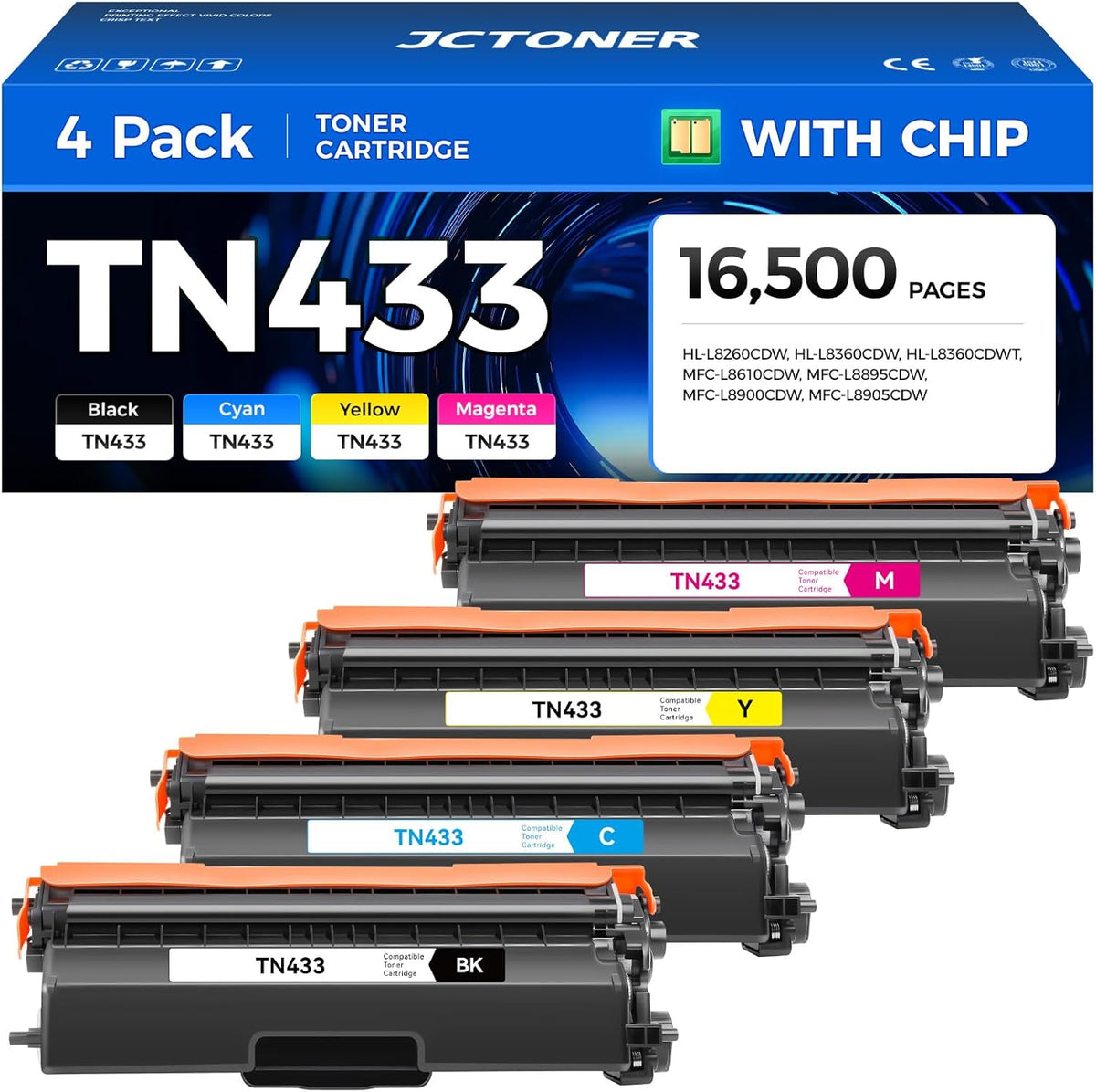 TN433 Toner Cartridge Set 4-Pack Replacement Compatible for Brother TN-433 TN431 TN436 MFC-L8900CDW MFC-L8690CDW HL-L8360CDW HL-L8260CDW MFC-L8610CDW MFC-L8905CDW MFC-L9570CDW HL-L8360CDWT Printer Ink